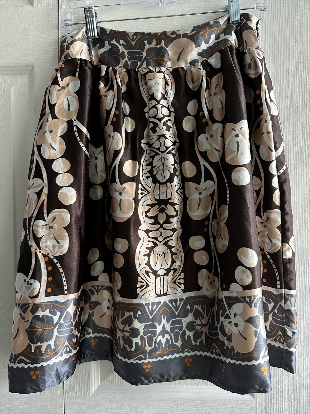 Vintage inspired satin Brown and Cream Floral A-Line Skirt * cottagecore* Sz M